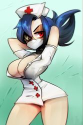 Rule 34 | 1girl, arms behind head, arms up, blue hair, breasts, choker, cleavage, cowboy shot, eyepatch, green background, hat, highres, large breasts, mask, mouth mask, nikkthehuman, nurse, nurse cap, ponytail, red eyes, skullgirls, solo, surgical mask, symbol-shaped pupils, thick thighs, thighs, valentine (skullgirls), wide hips
