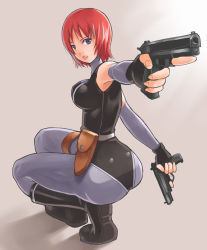 Rule 34 | 1girl, ass, bodysuit, boots, breasts, capcom, detached sleeves, dino crisis, dual wielding, fingerless gloves, gloves, gun, handgun, holding, holding gun, holding weapon, large breasts, looking back, nagase haruhito, parted lips, pistol, purple eyes, purple hair, red hair, regina, semi-automatic firearm, short hair, skin tight, solo, spandex, trigger discipline, weapon