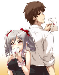 Rule 34 | 1boy, 1girl, back-to-back, blush, breasts, brown eyes, brown hair, drill hair, envelope, grey hair, heart, height difference, holding, holding envelope, idolmaster, idolmaster cinderella girls, kanzaki ranko, large breasts, letter, love letter, medium hair, producer (idolmaster), red eyes, sleeveless, sweatdrop, twin drills, twintails, uraichishi, white background