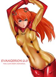 Rule 34 | 00s, 1girl, arms up, blue eyes, bodysuit, english text, engrish text, evangelion: 2.0 you can (not) advance, highres, lips, long hair, looking at viewer, multicolored clothes, navel, neon genesis evangelion, orange hair, plugsuit, ranguage, rebuild of evangelion, see-through, simple background, skin tight, souryuu asuka langley, test plugsuit, white background, zonda (solid air)