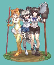 Rule 34 | 10s, african wild dog (kemono friends), animal ears, bear ears, paw stick, bear tail, bike shorts, bracelet, brown bear (kemono friends), circlet, commentary request, dog ears, dog tail, doumoto, elbow gloves, fingerless gloves, girl sandwich, gloves, golden snub-nosed monkey (kemono friends), highleg, highleg leotard, highres, holding, holding staff, jewelry, kemono friends, leotard, long hair, monkey ears, monkey tail, multicolored hair, multiple girls, sandwiched, short shorts, shorts, staff, tail, tongue, tongue out, torn clothes