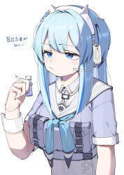 Rule 34 | 1girl, absurdres, animal ear headphones, animal ears, blue eyes, blue hair, blue neckerchief, cat ear headphones, cigarette, closed mouth, commentary request, fake animal ears, goddess of victory: nikke, headphones, headset, highres, holding, holding cigarette, long hair, long sleeves, maton 3110, neckerchief, shifty (nikke), short hair, short sleeves, sidelocks, simple background, solo, translation request, upper body, white background, white headphones