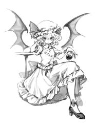 Rule 34 | 1girl, 80isiiii, absurdres, ankle bow, ankle ribbon, ankle strap, apple, ascot, back bow, bat wings, black footwear, bow, collared shirt, crossed legs, dress shirt, dropping, elbow on table, expressionless, fangs, fangs out, fingernails, food, frilled shirt, frilled shirt collar, frilled skirt, frills, fruit, full body, hair between eyes, hand on own cheek, hand on own face, hat, hat bow, highres, invisible chair, looking at viewer, mary janes, mob cap, monochrome, remilia scarlet, ribbon, sharp fingernails, shirt, shoes, short hair, simple background, sitting, skirt, slit pupils, solo, touhou, white background, wings, wrist cuffs