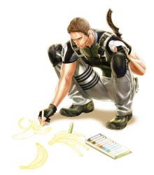 Rule 34 | 1boy, banana, capcom, chris redfield, coloring, drawing, food, fruit, gloves, highres, knee pads, machete, male focus, muscular, resident evil, resident evil 5, sheath, sheathed, short hair, solo