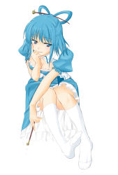 Rule 34 | 1girl, blue eyes, blue hair, breasts, cleavage, dress, female focus, hair ornament, hair rings, hair stick, highres, kaku seiga, kiseru, matching hair/eyes, medium breasts, nechio, smile, smoking pipe, socks, solo, touhou, vest, white background