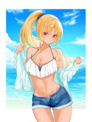 Rule 34 | 1girl, alternate costume, beach, bikini, bikini top only, blonde hair, blue shorts, blue sky, blush, breasts, cleavage, closed mouth, cloud, cloudy sky, collarbone, commentary, contrapposto, cowboy shot, dark-skinned female, dark skin, denim, denim shorts, fur-trimmed shorts, fur trim, groin, highres, hololive, jacket, long hair, looking at viewer, medium breasts, navel, ocean, oniku (o29sukizero), open clothes, open fly, open jacket, parted bangs, pointy ears, ponytail, red eyes, scrunchie, shiranui flare, short shorts, shorts, sky, smile, solo, standing, stomach, swimsuit, virtual youtuber, white bikini, white jacket