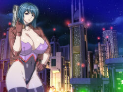 Rule 34 | 1girl, black hair, bodysuit, breasts, female focus, gaden, ghost in the shell, ghost in the shell stand alone complex, huge breasts, kusanagi motoko, nipples, purple eyes, weapon