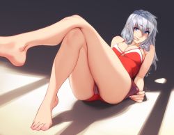 Rule 34 | 1girl, ass, blue eyes, breasts, cleavage, crossed arms, feguimel, karina (feguimel), large breasts, long hair, looking at viewer, lying, medium breasts, on back, one-piece swimsuit, original, red one-piece swimsuit, seductive smile, silver hair, smile, solo, swimsuit, thick eyebrows