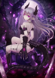 Rule 34 | 1girl, armlet, ass, bare shoulders, black footwear, black panties, boots, breasts, claws, closed mouth, dragon, dragon girl, dragon horns, dragon tail, facial tattoo, floating hair, from side, gauntlets, gem, glowing, glowing eyes, grey hair, highres, horns, kai (ootamuno12), long hair, looking at viewer, looking back, medium breasts, original, pale skin, panties, pink eyes, pointy ears, sitting, slit pupils, solo, tail, tattoo, underwear