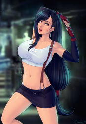 Rule 34 | 1girl, bare shoulders, black hair, black skirt, breasts, brown eyes, earrings, final fantasy, final fantasy vii, fingerless gloves, gloves, jewelry, lips, long hair, looking at viewer, midriff, open mouth, shirt, sienna, skirt, solo, square enix, stretching, suspenders, tank top, tifa lockhart, white shirt, white tank top
