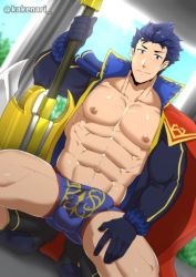 Rule 34 | 1boy, abs, bara, blue eyes, blue hair, bulge, fire emblem, fire emblem: the binding blade, fire emblem: the blazing blade, gloves, hector (fire emblem), kakenari, large pectorals, looking at viewer, male focus, muscular, nintendo, nipples, paid reward available, pectorals, shiny skin, short hair, solo, thick thighs, thighs, twitter username, upper body