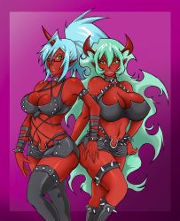 Rule 34 | 10s, breasts, cleavage, colored skin, demon girl, glasses, highres, horns, kneesocks (psg), panty &amp; stocking with garterbelt, pointy ears, red skin, scanty (psg), smile