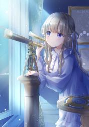 Rule 34 | 1girl, blue eyes, blue theme, commentary, compass, cowboy shot, english text, full moon, gibbous moon, hair ribbon, highres, holding, holding telescope, hoshiibara mato, indoors, light brown hair, light particles, long hair, looking to the side, moon, night, nightgown, open window, original, picture frame, ribbon, sidelocks, smile, solo, standing, star (sky), stargazing, table, telescope, very long hair, window