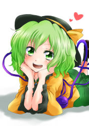 Rule 34 | 1girl, blouse, bow, green eyes, green hair, hands on own face, hat, hat bow, head rest, heart, komeiji koishi, looking at viewer, lying, matching hair/eyes, on stomach, shirt, shoes, short hair, skirt, smile, socks, solo, third eye, touhou, unya