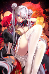 Rule 34 | 1girl, absurdly long hair, black gloves, blue eyes, breasts, character request, china dress, chinese clothes, cleavage, cleavage cutout, closed mouth, clothing cutout, copyright request, double bun, dress, feather boa, feet out of frame, gloves, grey hair, hair bun, hair ornament, half gloves, high heels, highres, lace, lace-trimmed legwear, lace trim, large breasts, long hair, looking at viewer, multicolored hair, red dress, red hair, red skirt, shoes, short dress, sitting, skirt, smile, solo, streaked hair, tassel, tassel hair ornament, thighhighs, twintails, untue, very long hair, white thighhighs