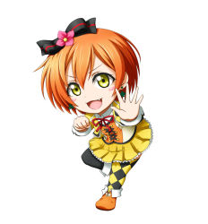 Rule 34 | &gt;:d, 10s, 1girl, :d, asymmetrical legwear, blush stickers, bow, checkered clothes, checkered legwear, chibi, clenched hand, fang, flower, full body, hair bow, hair flower, hair ornament, hoshizora rin, kuena, love live!, love live! school idol festival, love live! school idol project, mismatched legwear, neck ribbon, open mouth, orange hair, ribbon, short hair, simple background, smile, solo, standing, standing on one leg, thighhighs, v-shaped eyebrows, white background, yellow eyes