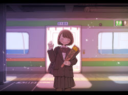 Rule 34 | 1girl, :d, ^ ^, bag, black bow, black jacket, black skirt, blazer, blush, bow, brown hair, brown pantyhose, closed eyes, collared shirt, commentary request, diagonal stripes, dress shirt, facing viewer, flower, graduation, hair ornament, hairclip, hand up, highres, holding, jacket, letterboxed, long sleeves, open mouth, original, pantyhose, pleated skirt, rose, school bag, shirt, short hair, skirt, smile, solo, standing, striped, striped bow, train, usui harusame, white shirt, yellow flower, yellow rose