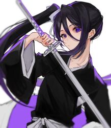 Rule 34 | 1girl, black hair, bleach, blurry, blurry foreground, closed mouth, commentary request, hair between eyes, hair ribbon, highres, japanese clothes, katana, kuchiki rukia, long sleeves, ribbon, short hair with long locks, simple background, sketch, solo, sword, twitter username, ui 1231, weapon, white background