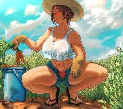 Rule 34 | absurdres, bare legs, black footwear, blue sky, breasts, brown gloves, bucket, carrot, cloud, cloudy sky, crop top, day, denim, denim shorts, flip-flops, food, gloves, hachijuu, harvest, hat, highres, huge filesize, large breasts, looking at viewer, mature female, midriff, mature female, orange panties, original, outdoors, panties, planting, red eyes, sandals, see-through, short shorts, shorts, sky, straw hat, sun hat, sweat, thighs, unbuttoned, open fly, underwear, vegetable, wet, wet clothes