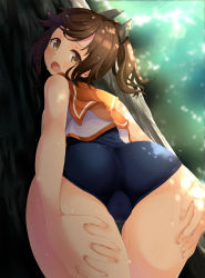 Rule 34 | 10s, 1girl, :o, ass, bad id, bad pixiv id, bare shoulders, blush, brown eyes, brown hair, from behind, from below, hands on ass, hands on thighs, i-401 (kancolle), kantai collection, komone ushio, looking back, looking down, one-piece swimsuit, open mouth, personification, perspective, ponytail, sailor collar, school swimsuit, short hair, short ponytail, solo, swimsuit, water, wet