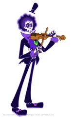 Rule 34 | 1boy, afro, atomi-cat, black hair, brook (one piece), commentary request, formal, full body, hat, heart, highres, instrument, male focus, music, mystery skulls, one piece, parody, playing instrument, popped collar, purple eyes, purple hair, simple background, skeleton, solo, standing, style parody, suit, top hat, transparent background, violin, watermark, web address, white background