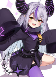 Rule 34 | 1girl, :d, absurdres, ahoge, black dress, blush, braid, commentary request, demon horns, dress, fang, grey hair, hair between eyes, highres, hololive, horns, la+ darknesss, long hair, long sleeves, looking at viewer, multicolored hair, open mouth, purple hair, purple thighhighs, racchi., single thighhigh, sleeves past fingers, sleeves past wrists, smile, solo, sparkle, streaked hair, striped horns, thighhighs, very long hair, virtual youtuber, white background, yellow eyes