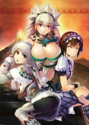 Rule 34 | 3girls, absurdres, armor, barioth (armor), bnahabra (armor), breasts, brown hair, bursting breasts, capcom, cleavage, gloves, hairband, highres, lagombi (armor), large breasts, looking at viewer, looking back, momose hisashi, monster hunter (series), monster hunter 3, multiple girls, short hair, smile