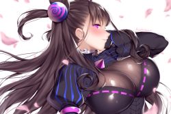 Rule 34 | 1girl, ayuteisyoku, blush, breasts, brown hair, cleavage, closed mouth, cone hair bun, corset, double bun, dress, eyelashes, fate/grand order, fate (series), frilled shirt collar, frills, hair between eyes, hair bun, hair ornament, large breasts, lips, long hair, long sleeves, looking at viewer, murasaki shikibu (fate), petals, puffy long sleeves, puffy sleeves, purple eyes, purple ribbon, ribbon, ribbon trim, simple background, smile, solo, striped, upper body, vertical stripes, very long hair, white background