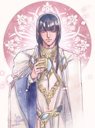 Rule 34 | 1boy, belt, black hair, cape, chalice, closed mouth, cup, dated, grey eyes, highres, holding, kazuki-mendou, long hair, looking at viewer, maeglin, male focus, robe, sawch cls, signature, solo, the silmarillion, tolkien&#039;s legendarium, tolkien's legendarium, white cape, white robe