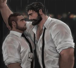 Rule 34 | 2boys, abs, arm hair, bara, beard, blush, body hair, chest hair, couple, dopey (dopq), eye contact, facial hair, highres, imminent kiss, large pectorals, looking at another, male focus, manly, multiple boys, muscular, nipples, original, pectoral docking, pectoral press, pectorals, rain, shirt, simple background, size difference, sleeves rolled up, unbuttoned, unbuttoned shirt, wet, wet clothes, worried, yaoi