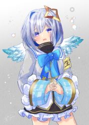 Rule 34 | 1girl, :d, amane kanata, armband, black skirt, blue bow, blue hair, blue wings, bob cut, bow, colored inner hair, commentary request, cowboy shot, feathered wings, frilled skirt, frills, gradient background, gradient wings, grey background, grey jacket, hair ornament, halo, hololive, interlocked fingers, ittokyu, jacket, long sleeves, looking at viewer, mini wings, multicolored hair, multicolored wings, open mouth, purple eyes, silver hair, single hair intake, skirt, sleeves past wrists, smile, solo, standing, star halo, two-tone hair, virtual youtuber, white background, white wings, wings