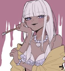 Rule 34 | 1girl, bare shoulders, bead necklace, beads, bikini, blunt bangs, breasts, cleavage, danganronpa (series), danganronpa v3: killing harmony, dark-skinned female, dark skin, grey bikini, grey hair, hair intakes, hand up, highres, holding, holding paintbrush, jewelry, long hair, necklace, paintbrush, pink background, raamensusure, shell, shell necklace, small breasts, smile, solo, swimsuit, upper body, white background, white bikini, yonaga angie