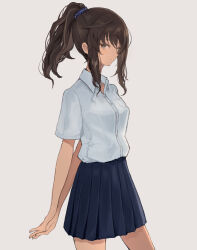 Rule 34 | 1girl, arms behind back, blue skirt, breasts, brown hair, closed mouth, collared shirt, dress shirt, grey background, grey eyes, hinomaru (futagun), long hair, looking at viewer, original, pleated skirt, ponytail, school uniform, shirt, sidelocks, simple background, skirt, small breasts, solo, standing, white shirt