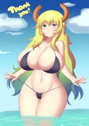 Rule 34 | 10s, 1girl, alternate costume, bare shoulders, bikini, bikini pull, black bikini, blonde hair, blue hair, blue sky, blush, breast suppress, breasts, choker, cleavage, closed mouth, clothes pull, cloud, collarbone, cowboy shot, curvy, day, dragon girl, dragon horns, fingernails, gradient hair, green eyes, green hair, groin, hair between eyes, heterochromia, highres, horns, huge breasts, jcdr, kobayashi-san chi no maidragon, large breasts, legs together, long fingernails, long hair, looking at viewer, lucoa (maidragon), multicolored hair, navel, no headwear, ocean, outdoors, partially submerged, pulling own clothes, purple eyes, sideboob, sidelocks, sky, smile, solo, standing, strap gap, swimsuit, thank you, thick thighs, thighs, wading, water, wavy hair, wide hips, yellow pupils