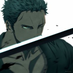 Rule 34 | 1boy, backlighting, close-up, frown, green hair, green kimono, highres, holding, holding sword, holding weapon, japanese clothes, kimono, long sideburns, looking at viewer, male focus, muscular, muscular male, one piece, pectoral cleavage, pectorals, pinattsu, roronoa zoro, scar, scar across eye, scar on face, short hair, sideburns, solo, sword, weapon, white background