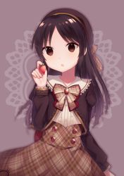 Rule 34 | 1girl, :o, arm at side, bad id, bad pixiv id, black hair, blouse, bow, brooch, brown background, brown bow, brown eyes, brown jacket, brown skirt, buttons, dot nose, engawa (l sv), food, fruit, hair bow, hairband, high-waist skirt, highres, holding, holding food, idolmaster, idolmaster cinderella girls, jacket, jewelry, juliet sleeves, lattice, long hair, long skirt, long sleeves, looking at viewer, open mouth, parted bangs, plaid, plaid bow, plaid skirt, puffy sleeves, sailor collar, shirt, skirt, solo, strawberry, tachibana arisu, upper body, white sailor collar, white shirt