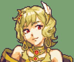 Rule 34 | 1girl, bare shoulders, blonde hair, citrinne (fire emblem), closed mouth, earrings, feather hair ornament, feathers, fire emblem, fire emblem engage, glaceo, hair ornament, hairclip, hoop earrings, jewelry, lowres, nintendo, pixel art, red eyes, solo, upper body