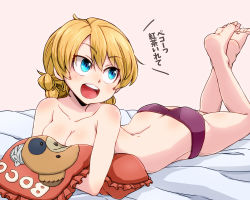 Rule 34 | 1girl, animal print, aono3, ass, back, barefoot, bear print, bed sheet, blonde hair, blue eyes, boko (girls und panzer), boko (girls und panzer) (cosplay), braid, breasts, butt crack, cleavage, commentary, cosplay, darjeeling (girls und panzer), girls und panzer, holding, holding pillow, legs up, looking to the side, lying, medium breasts, hugging object, on bed, on stomach, open mouth, panties, pillow, pillow hug, pink background, print pillow, purple panties, short hair, smile, solo, swept bangs, the pose, thighs, topless, translated, twin braids, underwear, underwear only
