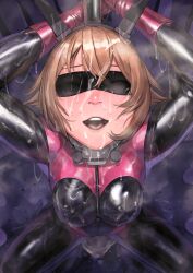 Rule 34 | 1girl, absurdres, black bodysuit, bodysuit, breasts, brown eyes, brown hair, from above, gloves, highres, kantai collection, kilye kairi, large breasts, latex, latex bodysuit, looking at viewer, mutsu (kancolle), pink gloves, short hair, skin tight, smile, solo, squatting, wet, wet clothes, zipper