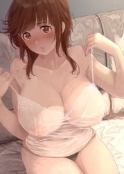 Rule 34 | 1girl, absurdres, amagami, ambiguous fluid, bare shoulders, blush, breasts, brown eyes, brown hair, camisole, cleavage, collarbone, couch, covered erect nipples, curvy, highres, kuyukian3, large breasts, lingerie, looking at viewer, medium hair, navel, open mouth, panties, plump, sakurai rihoko, see-through, sitting, solo, suggestive fluid, sweat, underwear, undressing