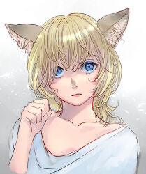 Rule 34 | 1girl, adventurer (ff11), animal ear fluff, animal ears, blonde hair, blue eyes, cactus41747280, cat ears, cat girl, clenched hand, collarbone, facial mark, final fantasy, final fantasy xi, gradient background, hair between eyes, hand up, mithra (ff11), open mouth, pink lips, short hair, solo, upper body, whisker markings