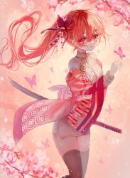 Rule 34 | 1girl, :o, animal, black thighhighs, blush, branch, breasts, bug, butterfly, butterfly hair ornament, commentary, detached sleeves, dress, feet out of frame, floating hair, flower, gloves, hair between eyes, hair ornament, hairclip, hand up, highres, insect, katana, long hair, long sleeves, looking away, original, parted lips, pink flower, pink sleeves, ponytail, red eyes, red hair, sheath, sheathed, small breasts, solo, standing, sword, symbol-only commentary, tandohark, thighhighs, very long hair, weapon, white dress, white gloves
