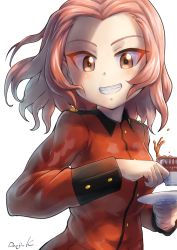Rule 34 | 1girl, artist name, brown eyes, commentary, cup, girls und panzer, grin, highres, holding, holding cup, holding saucer, jacket, kuroneko douji, long sleeves, looking at viewer, medium hair, military, military uniform, red hair, red jacket, rosehip (girls und panzer), saucer, signature, simple background, smile, solo, spilling, st. gloriana&#039;s military uniform, tea, teacup, uniform, upper body, white background