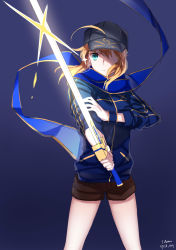 Rule 34 | 1girl, artoria pendragon (fate), baseball cap, blonde hair, excalibur (fate/stay night), fate/grand order, fate (series), green eyes, hat, highres, jacket, mysterious heroine x (fate), ponytail, rojiura satsuki : chapter heroine sanctuary, saber (fate), scarf, solo, track jacket, ycco (estrella)