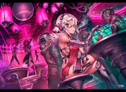 Rule 34 | 4girls, 5boys, alcohol, bar (place), bar stool, barcode, barcode tattoo, bartender, bikini, breasts, bridal gauntlets, cigarette, crossed legs, crowd, cup, cyberpunk, cyborg, dancing, dated, drink, drinking glass, eyepatch, faceless, faceless female, fur trim, gia, glass, glasses, gun, hair between eyes, headphones, helmet, high collar, highres, holding, holding cup, holding gun, holding weapon, indoors, large breasts, long hair, looking at viewer, mechanical arms, mechanical legs, medium breasts, multiple boys, multiple girls, nightclub, original, pole, pole dancing, profile, prosthesis, red eyes, revealing clothes, semi-rimless eyewear, short hair, sideboob, signature, single bridal gauntlet, single mechanical arm, single mechanical leg, sitting, smoking, spotlight, standing, stool, swimsuit, tattoo, topless, trigger discipline, under-rim eyewear, walking, weapon, white hair
