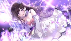 Rule 34 | 1girl, brown hair, dorook, dress, highres, holding, holding microphone, long hair, looking at viewer, microphone, open mouth, original, purple eyes, solo