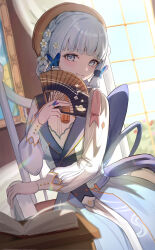 Rule 34 | 1girl, absurdres, ayaka (genshin impact), back bow, blue dress, blunt bangs, blunt tresses, blush, book, bow, braid, breasts, brown hat, butterfly hair ornament, closed mouth, crown braid, curtains, dress, flower, folding fan, genshin impact, gold trim, grey eyes, grey hair, hair flower, hair ornament, hand fan, hat, highres, holding, holding fan, indoors, jewelry, kamisato ayaka, kamisato ayaka (springbloom missive), long dress, long hair, long sleeves, looking at viewer, medium breasts, mole, mole under eye, multicolored clothes, multicolored dress, official alternate costume, official alternate hairstyle, open book, painting (object), puffy long sleeves, puffy sleeves, ring, sazanami (re n rentaro), sidelighting, sidelocks, smile, solo, white flower, window