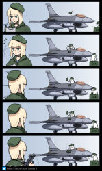 Rule 34 | 1girl, 2others, 5koma, aircraft, airplane, beret, blonde hair, comic, commentary, english commentary, era bricks (meme), f-16 fighting falcon, fighter jet, green eyes, green headwear, gun, handgun, hat, highres, holding, holding gun, holding weapon, jet, looking at another, medium hair, military, military vehicle, motion lines, multiple others, original, reactive armor, sound effects, twitter logo, twitter username, ukraine, upper body, weapon, yimie10
