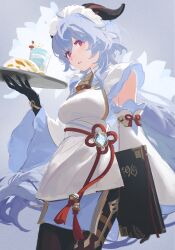 Rule 34 | 1girl, bell, black gloves, black pantyhose, blue background, blue hair, breasts, cowbell, cowboy shot, detached sleeves, dress, drink, film grain, food, from below, ganyu (genshin impact), genshin impact, gloves, highres, holding, holding menu, holding plate, horns, k1llg, light blue hair, long hair, looking at viewer, maid headdress, medium breasts, menu, neck bell, pantyhose, parted lips, plate, red eyes, rope, sketch, solo, vision (genshin impact), waitress, white dress, wide sleeves
