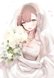 Rule 34 | 1girl, ;d, blush, bouquet, breasts, bridal veil, bride, brown hair, cleavage, commentary request, dress, elbow gloves, flower, gloves, green eyes, heart, heart-shaped pupils, jewelry, long hair, necklace, one eye closed, oouso, open mouth, original, petals, ponytail, simple background, smile, solo, symbol-shaped pupils, veil, wedding dress, white background, white gloves